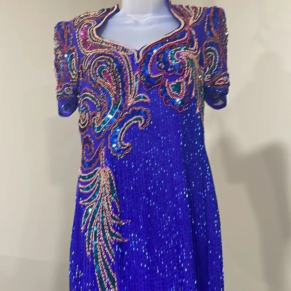 VTG Alyce Design Beaded Sequins Evening Gown Dress. Size 12 L large 100% silk